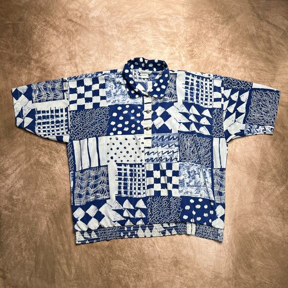 Vintage 80s Peter Popovitch Geometric Patchwork Polo Shirt Elastic Waist Blue - Picture 5 of 5